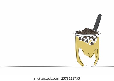 Single one line drawing bubble tea in a plastic cup with a large straw. Straw to sip the sweet boba. Delicious to the throat. National Bubble Tea Day. Continuous line design graphic illustration