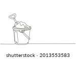 Single one line drawing Bucket and spade. Sand in bucket with shovel. Summer plastic kid toy. Sand bucket and shovel. Children's toys on beach. Continuous line draw design graphic vector illustration