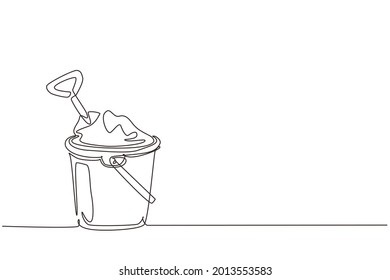 Single One Line Drawing Bucket And Spade. Sand In Bucket With Shovel. Summer Plastic Kid Toy. Sand Bucket And Shovel. Children's Toys On Beach. Continuous Line Draw Design Graphic Vector Illustration