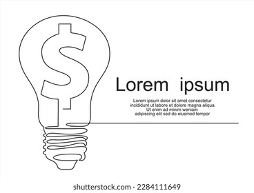 Single one line drawing bulb with dollar sign. Financial technology concept. Continuous line draw design graphic vector illustration.