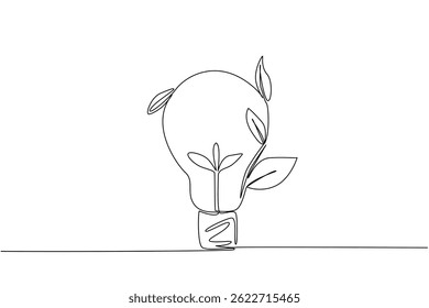Single one line drawing bulb lamp with leaves on the side. Energy symbolization can coexist with nature. Environmentally friendly. World Plant Power Day. Continuous line design graphic illustration