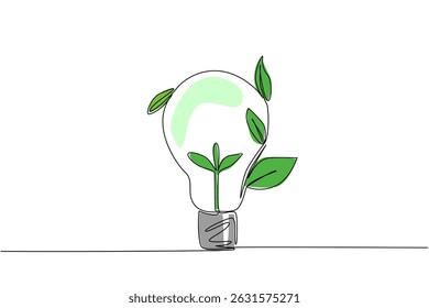 Single one line drawing bulb lamp with leaves on the side. Energy symbolization can coexist with nature. Environmentally friendly. World Plant Power Day. Continuous line design graphic illustration