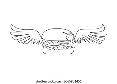 Single one line drawing burger with wings icon. Flat doodle hand drawn isolated. cheeseburger, hamburger, fast food creative concept. Modern continuous line draw design graphic vector illustration