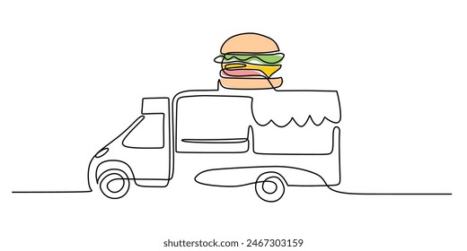 Single one line drawing burger Food trucks. Restaurant on wheels. Vans for street food selling. Car concept. Continuous line draw design graphic vector illustration.