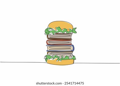 Una sola línea de dibujo hamburguesa llena de ensalada y 4 pilas de libros gruesos. La comida saludable aumenta la inteligencia de pensamiento. Conocimiento. Día del Libro Comestible. Ilustración gráfica de diseño de línea continua