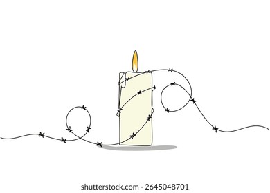Uma única linha desenhando velas queimadas em torno de arame farpado. Não trate os prisioneiros cruelmente. Campanha por justiça. Dia Internacional da Anistia. Ilustração gráfica de design de linha contínua