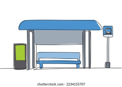 Un solo plano de línea de autobús para con refugio, simples señales de autobús y botes de basura ubicados en el lado de las carreteras urbanas donde los pasajeros entran y salen. Ilustración vectorial gráfica de diseño de trazos de una línea.