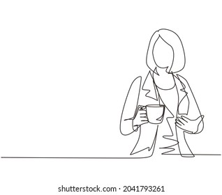 Single one line drawing business woman holding and showing coffee cup sitting in the coffee shop. Business dress code. Enjoy relax time after office. Continuous line draw design vector illustration