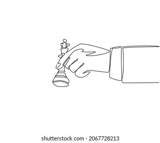 Single one line drawing business concept illustration of businessman hand holding chess king piece, strategy, strategic move concept. Modern continuous line draw design graphic vector illustration