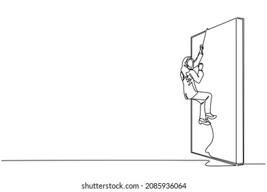 Single One Line Drawing Business Determination Concept With Arab Businesswoman Climbing Over Wall With Rope. Ambition, Motivation, Career Growth, Success, Strength. Continuous Line Draw Design Vector