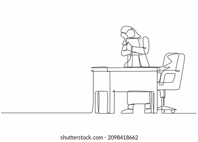 Single one line drawing business woman hugging laptop at office. Love to computer concept. Young emotional female. Human emotions, facial expression concept. Continuous line draw design graphic vector