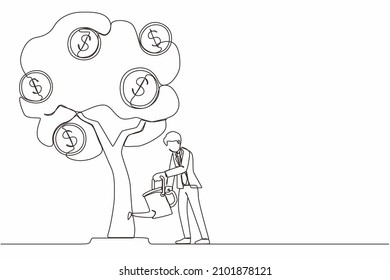 Una sola línea que dibuja la inversión empresarial con la ilustración de un árbol de dinero. Árbol de hombre regando con monedas símbolos de dólares. Desarrollo empresarial, crecimiento de beneficios. Vector gráfico de diseño de trazos de línea continua