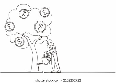 Single one line drawing business investment with money tree illustration. Woman watering tree with coins dollar symbols. Business development, profit growth. Continuous line draw design graphic vector
