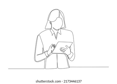 Single one line drawing Business woman checking list to do in note. Continuous line draw design graphic vector illustration.