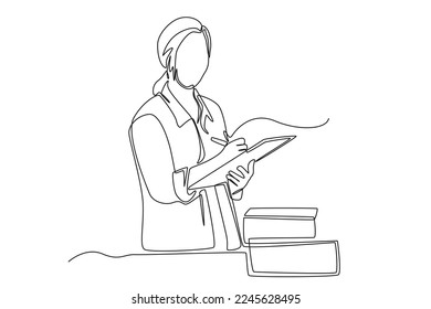 Single one line drawing business woman using tablet check and control for Modern Trade warehouse logistics. Supply chain management concept. Continuous line draw design graphic vector illustration. 