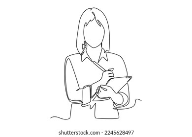 Single one line drawing business woman using tablet check and control for Modern Trade warehouse logistics. Supply chain management concept. Continuous line draw design graphic vector illustration. 