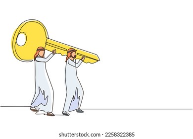 Single one line drawing business solution. Teamwork achievement. Cooperation concept. Two Arab men lifting big key. Effective, direction to success. Continuous line draw design vector illustration