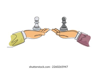 Single one line drawing business concept, of businessman hands, one holding pawn chess piece and the other hand too. Strategy and management. Continuous line draw design graphic vector illustration