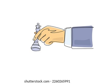Single-Line Zeichnen Business-Konzept Illustration der Business-Handheld-Hand, die Schach-König-Stück, Strategie, strategische Bewegung Konzept. Modern-Stetig-Liniendesign, Vektorgrafik