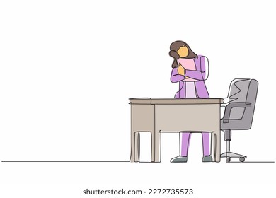 Single one line drawing business woman hugging laptop at office. Love to computer concept. Young emotional female. Human emotions, facial expression concept. Continuous line draw design graphic vector