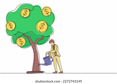 Single one line drawing business investment with money tree illustration. Man watering tree with coins dollar symbols. Business development, profit growth. Continuous line draw design graphic vector