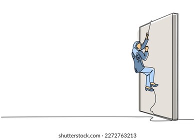 Single one line drawing business determination concept with Arab businesswoman climbing over wall with rope. Ambition, motivation, career growth, success, strength. Continuous line draw design vector