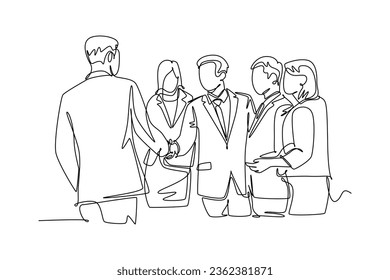 Single one line drawing business man handshake his colleague to deal a big project. Successful business meeting or cooperation concept. Modern continuous line draw design graphic vector illustration
