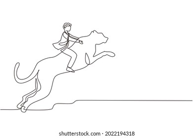 Single one line drawing businessman riding cheetah symbol of success. Business metaphor concept, looking at the goal, achievement, leadership. Continuous line draw design graphic vector illustration