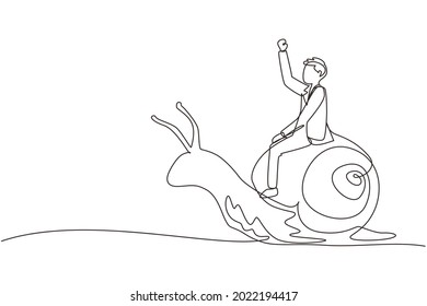 Single one line drawing businessman rides snail. Weak competitor. Ineffective manager, bad solution. Slow business progress, laziness. Modern continuous line draw design graphic vector illustration