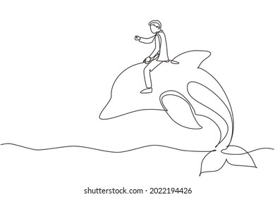 Single one line drawing businessman riding dolphin symbol of success. Business metaphor concept, looking at the goal, achievement, leadership. Continuous line draw design graphic vector illustration