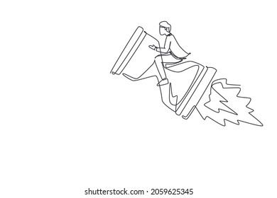 Single one line drawing businessman riding rocket hourglass flying through sky. Business time management. Success, champion, victory, sandglass. Continuous line draw design graphic vector illustration