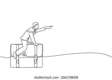 Single one line drawing businessman flying on leather business briefcase. Leadership and attack. Business person move achieve success. Modern continuous line draw design graphic vector illustration