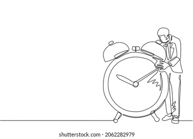 Single one line drawing businessman, manager or employee standing and hugging big clock. Concept of time management. Time, watch, time to work. Continuous line draw design graphic vector illustration