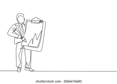 Single one line drawing businessman holding clipboard with checklist. Business success completed plan. Goal achievements planning schedule. Continuous line draw design graphic vector illustration