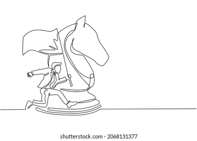 Single one line drawing businessman running and holding flag beside big horse knight chess. Business achievement goal, metaphor concept. Modern continuous line draw design graphic vector illustration