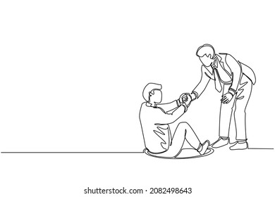 Single one line drawing businessman helping his friend by take him out from hole. Two men one of whom helps another. Business struggles. Modern continuous line draw design graphic vector illustration