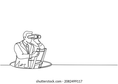 Single one line drawing businessman climbs out of the hole by ladder and using binocular. Business vision and solution concept. Symbol of challenge. Modern continuous line draw design graphic vector