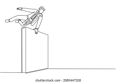Single one line drawing businessman jumps over wall  outside comfort zone to get new experience  fun   excited  Life begins when trying different things  Continuous line draw design graphic vector