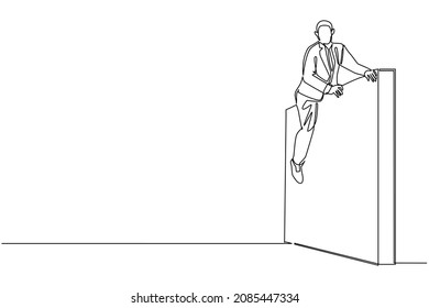 Single one line drawing businessman overcame wall obstacles that blocked him and conquered adversity. Overcome difficulties to achieve victory. Continuous line draw design graphic vector illustration