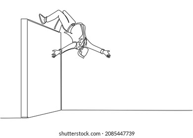 Un hombre de negocios que dibuja una sola línea saltando sobre una pared de ladrillo con acrobacia sobre estilo de cabeza para lograr su objetivo. Empresario saltando sobre el muro de barreras. Vector de diseño de traza continua de línea moderna