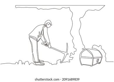 Single one line drawing businessman digging with pickaxe looking for hidden treasures. Man digging and mining for treasure chest in an underground tunnel. Continuous line draw design graphic vector