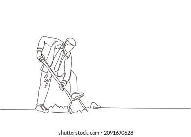 Single one line drawing businessman digging in dirt using shovel. Man in suit dig ground with spade. Business metaphor. Hard working process. Modern continuous line design graphic vector illustration