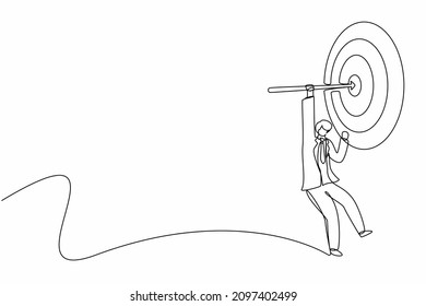 Single one line drawing businessman hanging arrow on target, business success concept. Businessman hanging on bow at center of target. Modern continuous line draw design graphic vector illustration