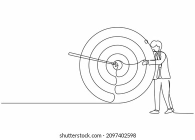 Single one line drawing businessman hugs and stands next to circle of target, arrow that hit target right in middle and analyze result of achievement within company. Continuous line draw design vector