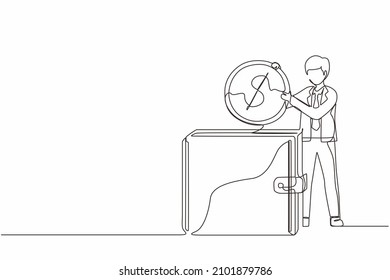 Single one line drawing businessman putting dollar coin into big wallet. Concept of direct payment, paying by cash, money transfer, personal financial transaction. Continuous line draw design vector