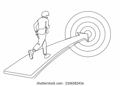 Single one line drawing businessman running on arrow to center of dartboard. Business Concept of targeting and customer. Company vision mission. Continuous line draw design graphic vector illustration