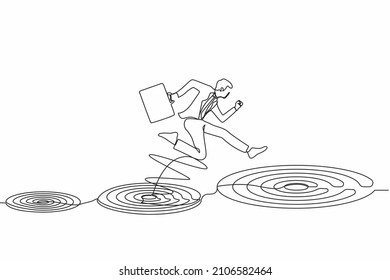 Single one line drawing businessman jumping on bigger target, successfully. Advancement in career or business growth concept. Aspiration and motivation. Continuous line draw design graphic vector