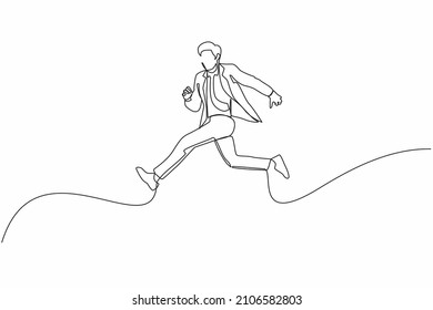 Single one line drawing businessman running fast with waving necktie. Late business person rushing in hurry to get on time. Successful man in suit run for work. Continuous line design vector graphic