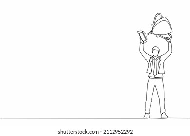 Single one line drawing businessman standing and lifting trophy. Career goal icon. Victory sign or symbol. Winner pose. Success, goal, achievement concept. Continuous line draw design graphic vector