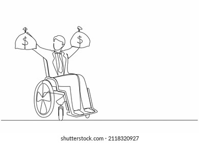 Single One Line Drawing Businessman Holding Dollar Money Bag. Disability Insurance Benefit Payments For Disabled Wheelchair Man. Protection Program. Continuous Line Design Graphic Vector Illustration